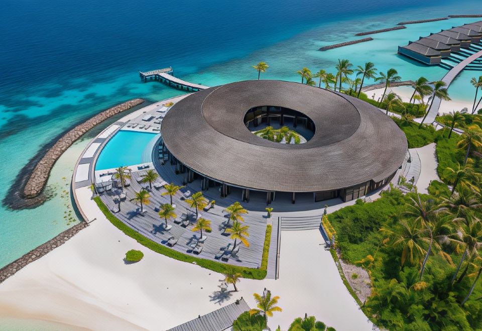 a modern , circular building with a pool and palm trees , situated near the ocean and surrounded by clear blue water at Kagi Maldives Resort & Spa