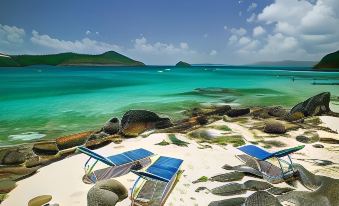 a beautiful beach with clear blue water , white sand , and several lounge chairs set up for relaxation at Point Pleasant Resort