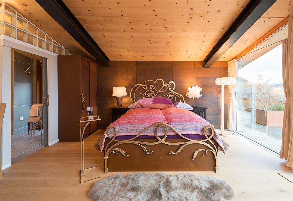 a cozy bedroom with a wooden ceiling , a large bed with a gold headboard , and a furry rug on the floor at The View