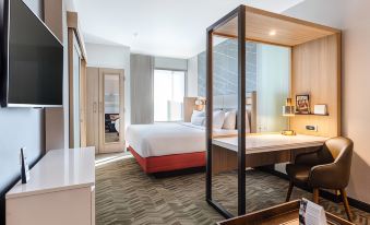 a modern hotel room with a bed , desk , and couch , as well as a large window and door at SpringHill Suites Columbia