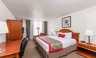 a large bed with a brown and red blanket is in the middle of a room at Ramada by Wyndham New Iberia