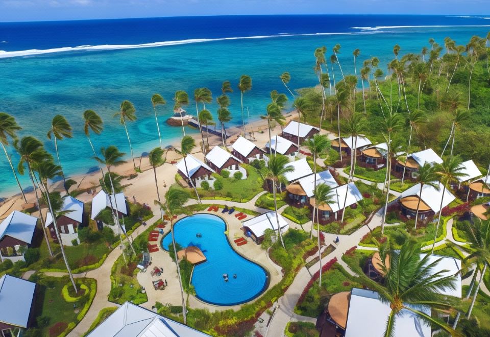 aerial view of a resort on a beach , featuring a swimming pool surrounded by palm trees and a golf course at Saletoga Sands Resort & Spa