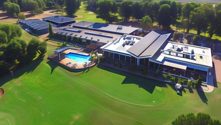 aerial view of a large building surrounded by grass and trees , with a swimming pool in the foreground at Renmark Country Club
