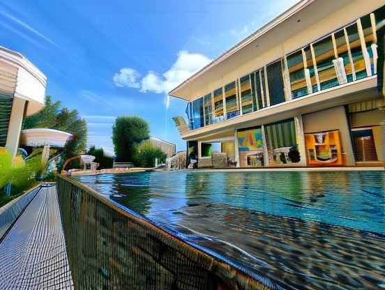 a large swimming pool is surrounded by a house and trees , with a building in the background at Gallery Design