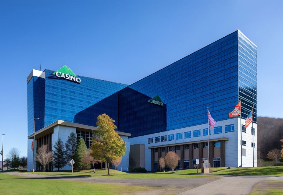 a large blue casino building surrounded by trees and grass , with a clear blue sky in the background at Seneca Allegany Resort & Casino