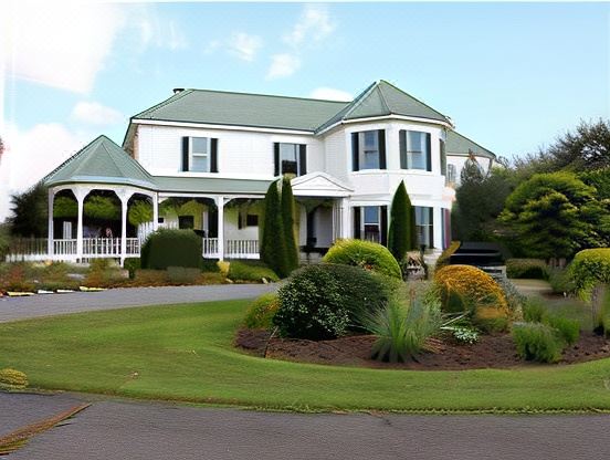 a large white house with a green roof and two turrets is surrounded by lush greenery at Harmony Hill Bed & Breakfast