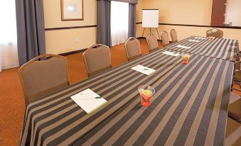 a long table with a striped tablecloth and chairs is set up in a room at Country Inn & Suites by Radisson, Baltimore North/White Marsh