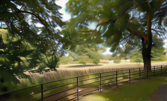 a serene view of a park with a waterfall and trees , captured through a window at Eshott Hall