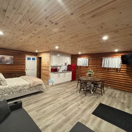 Peaceful log cabin on a back gravel road with private deck and amenities of home