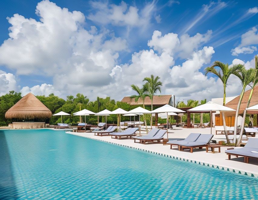 a large outdoor swimming pool surrounded by lounge chairs and umbrellas , with palm trees in the background at Chable Maroma