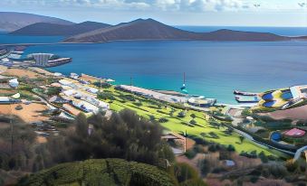 a serene coastal area with a clear blue sea , green trees , and buildings , as well as boats in the water at Elounda Orama