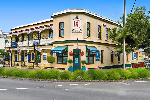 "a building with a red sign that says "" b "" has a green awning and has green flowers on the sidewalk" at Seaview House