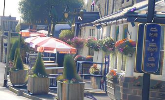 a picturesque street scene with umbrellas , potted plants , and outdoor seating areas under a sunny sky at Duke of Wellington