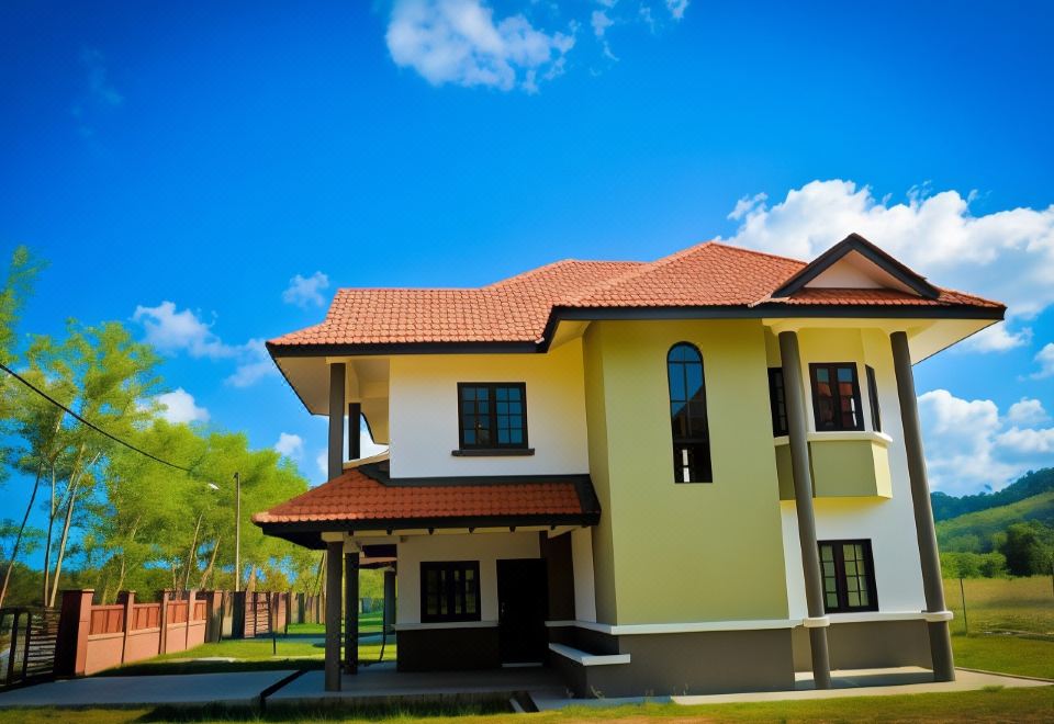 a large , two - story house with a red roof and white walls is surrounded by green grass and trees at Kertih Damansara Inn