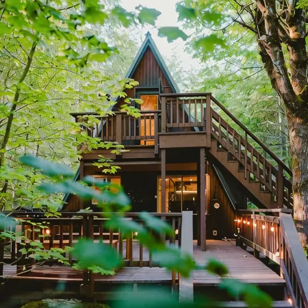 Designer A-Frame · Forest Hot Tub · Fire Pit