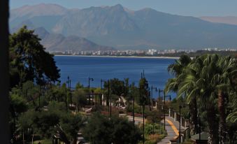 a beautiful view of a city with mountains in the background and a lake in the foreground at Aspen Hotel