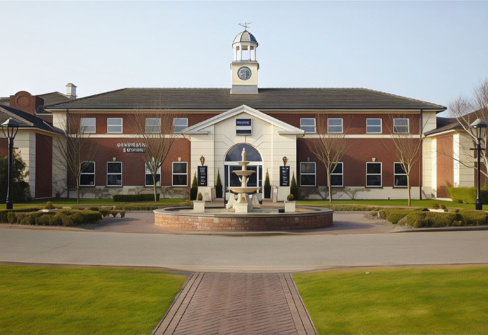 a brick building with a large clock tower , surrounded by a well - maintained garden area and a fountain at Village Hotel Chester St David's