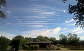 a house with a wooden fence and trees in the foreground , under a blue sky with fluffy clouds at King's Lynn Caravan & Camping Park