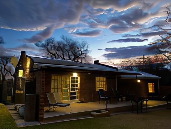 a wooden house with a deck and outdoor furniture is illuminated by warm lights against a cloudy sky at River Rock Lodge