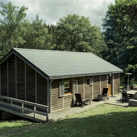 Scandinavian chalet in lush greenery and forest ...