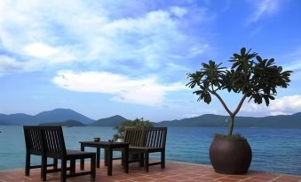 a wooden patio with a table and chairs , a vase with a plant , and a view of the ocean at Whale Island Resort