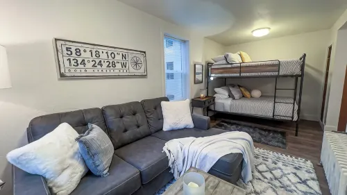 Downtown Studio apartment with queen sized bunk beds.