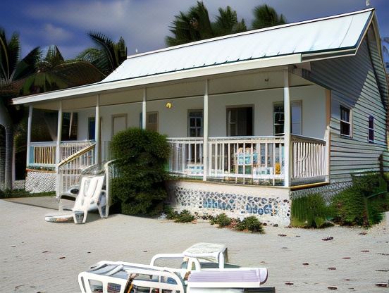 a beach house with a white exterior and a white porch , surrounded by palm trees and a blue sky at Paradise Villas