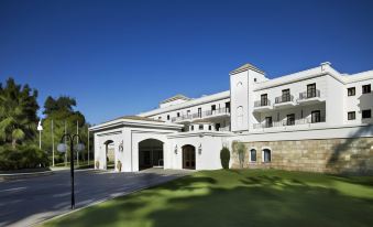 a large white building surrounded by grass and trees , with a driveway leading up to it at Mitsis Galini