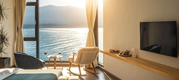 On the side of clear water, sunrise on the sea, waterfront and sea view vacation accommodation Hotéis em Dali
