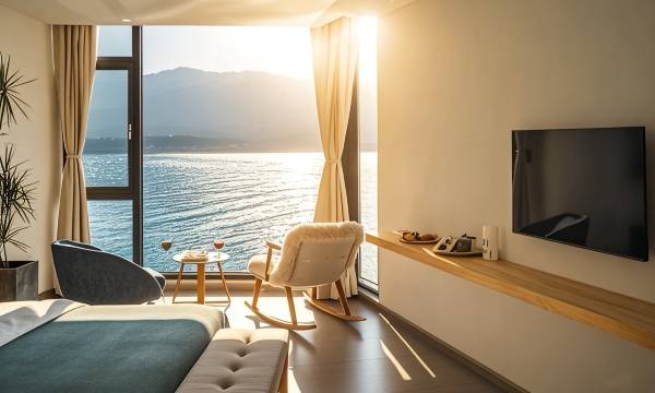On the side of clear water, sunrise on the sea, waterfront and sea view vacation accommodation