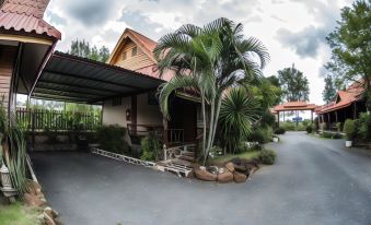 a wooden house with a large tree in front of it , surrounded by grass and bushes at Ramiarndao Boutique Place Hotel