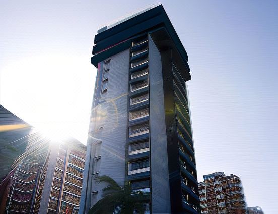 a tall , modern apartment building in a city setting , with the sun setting behind it at El Paseo