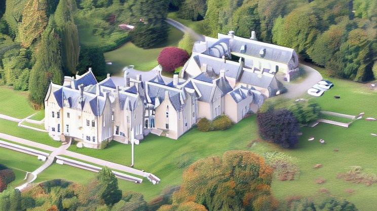 aerial view of a large white building surrounded by trees and grass , located in a wooded area at Glengarry Castle Hotel