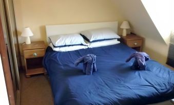a bed with a blue comforter and two white pillows is shown in a room at Three Horseshoes Inn