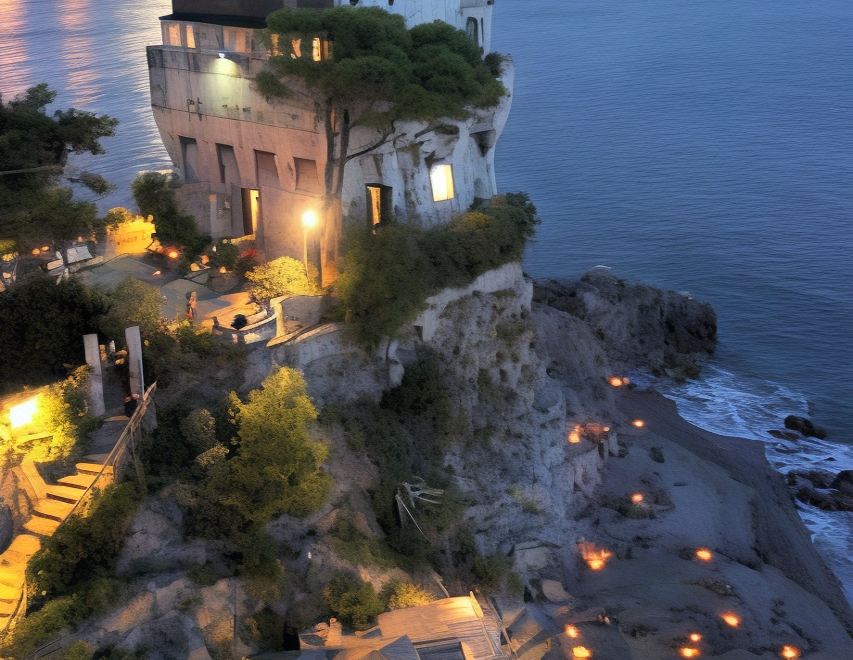 a cliff overlooking the ocean , with a restaurant on top of a cliff overlooking the water at Moo