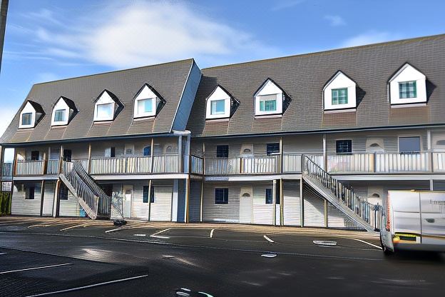 a modern , multi - story building with a gray roof and white trim , set against a clear blue sky at North Devon Resort