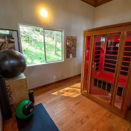 Tranquil Forested Cabin with Sauna, Home Gym, & AC