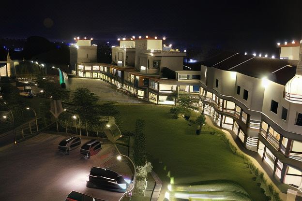 a modern building complex at night , with multiple buildings lit up and cars parked in front at Novilla Boutique Resort