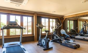 a well - equipped gym with various exercise equipment , including treadmills and elliptical machines , positioned near large windows at Retreat East