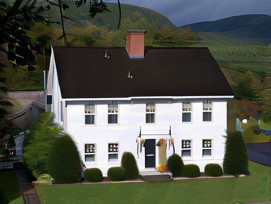 a white house with a red brick chimney and large windows is surrounded by green bushes and mountains at Three Mountain Inn