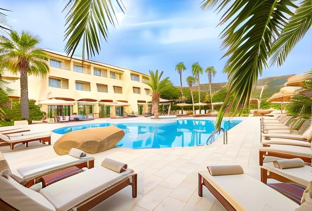 a large outdoor swimming pool surrounded by lounge chairs and umbrellas , with palm trees in the background at Hotel Corsica & Spa