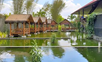 a row of wooden houses with thatched roofs on stilts , surrounded by lush greenery and a pond at Borobudur Bed & Breakfast