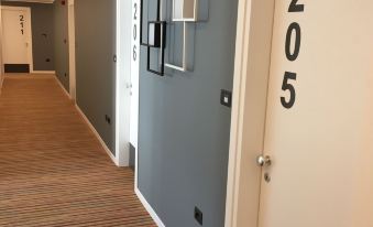a hallway with blue walls and a beige carpet has two doors , one of which has the number 2 0 5 on it at Tourist Hotel