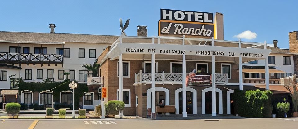 "a building with a sign that reads "" hotel el rancho "" prominently displayed on the front" at Hotel El Rancho