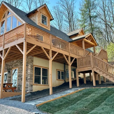 New cabin with king size bedrooms, en suite bathrooms, smart TV, decks & views.