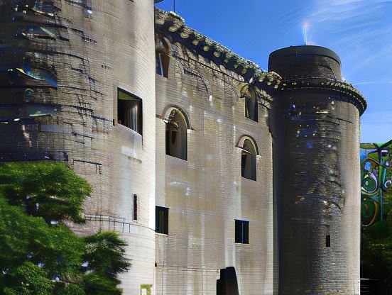 a large stone building with a tower and arches , situated in front of a clear blue sky at The George at Nunney