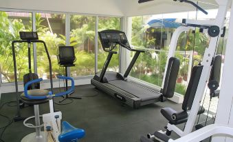 a gym with various exercise equipment , including a treadmill and an elliptical machine , positioned near large windows that offer natural light at Terrace Hotel