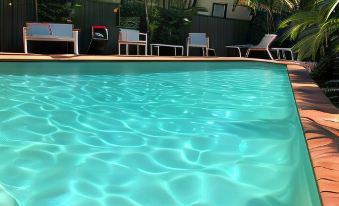 a large swimming pool with clear blue water , surrounded by lounge chairs and palm trees at Airport Clayfield Motel
