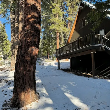 Modern A-Frame cabin that is a nice stroll down to the lake.