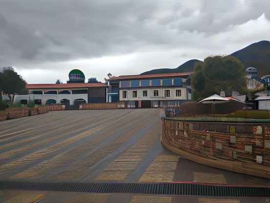 a large building with a blue dome is surrounded by a curved area and mountains in the background at Montesion